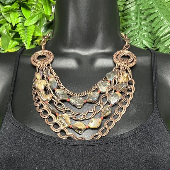 Necklace Women Fashion Copper Tone Layered MultiStrand Rock Charm Statement 2129 - Picture 3 of 8